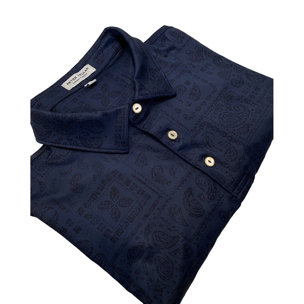 Peter Millar Summer Comfort Men's Polo L Short Sleeve Dark Blue Paisley - Picture 2 of 16